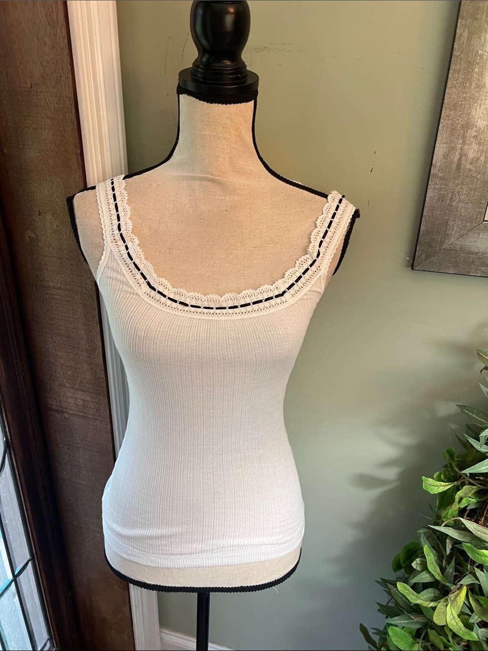 Lace-Trim Ribbed White Tank Top